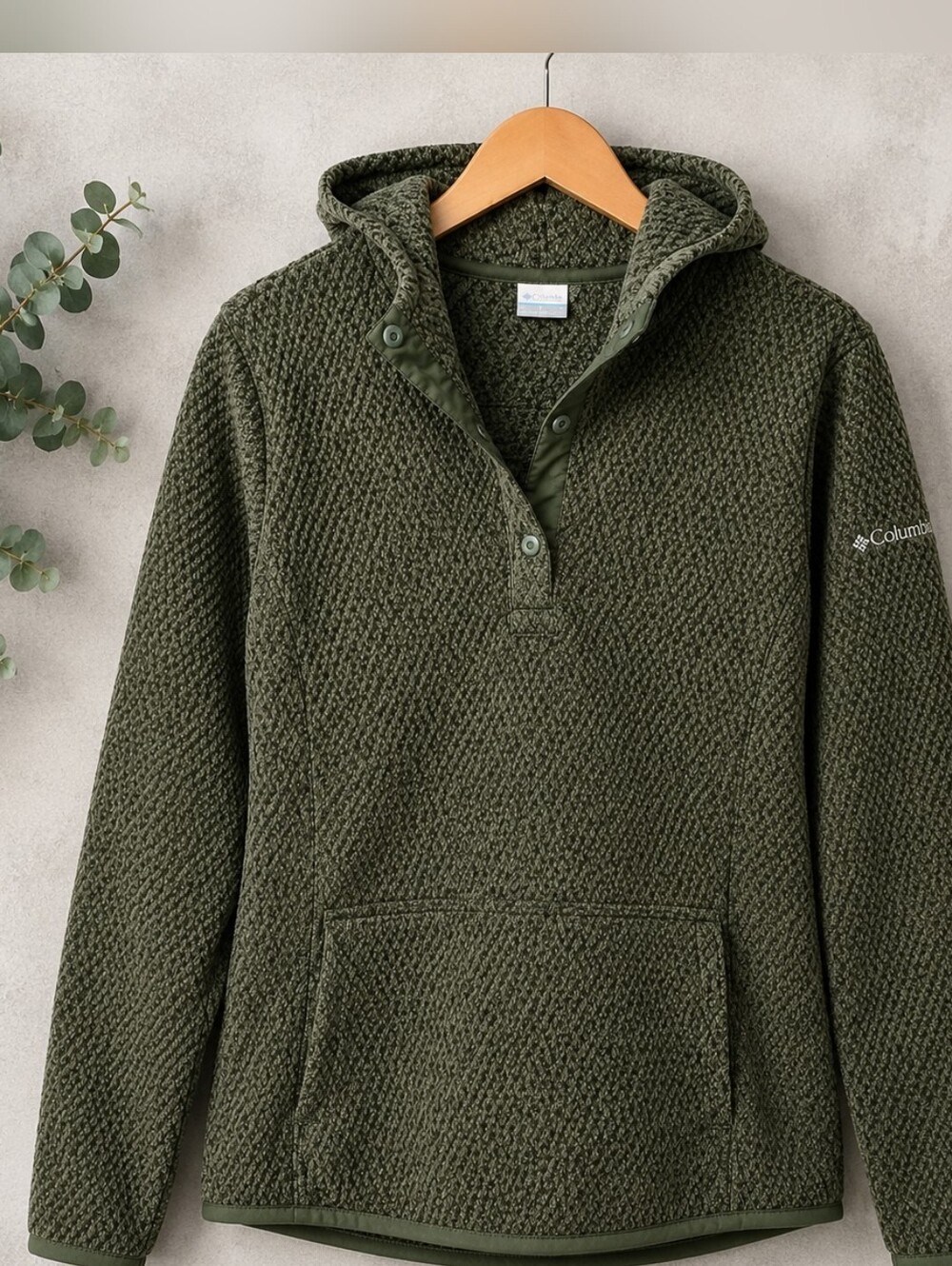 Columbia Women's Olive Textured Fleece Hooded Pullover Snap Neck Size Small